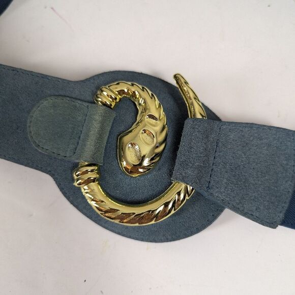 Vintage Blue Suede & Elastic Belt – Gold Snake Buckle – 31.5” Waist - Picture 1 of 7